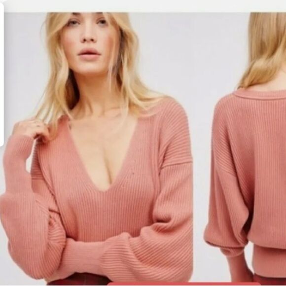 Free People Allure Pullover Vneck Dusty Rose Longsleeve Ribbed Sweater XS - Picture 1 of 9